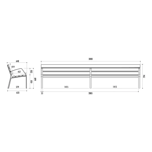 Banc MODO-10 lames et piétement en aluminium 300 cm