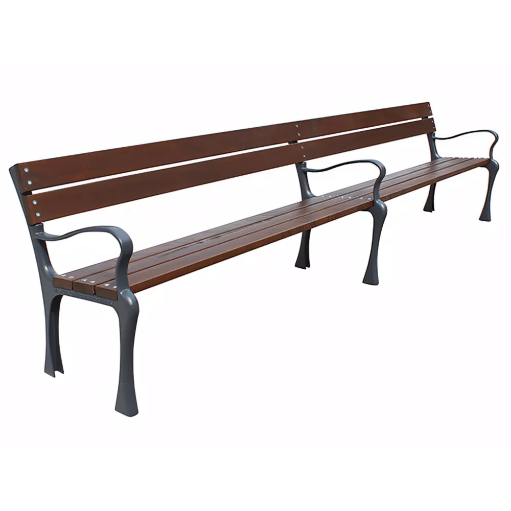 Banc long Arnía avec appui-bras en fonte et bois tropical